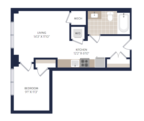 Floor plan for 1 bed, 1 bath, 410 sqft